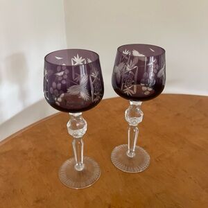Pair Vintage Ajka Marsala AMETHYST Cut To Clear Crystal 8.5” Tall Wine Glasses